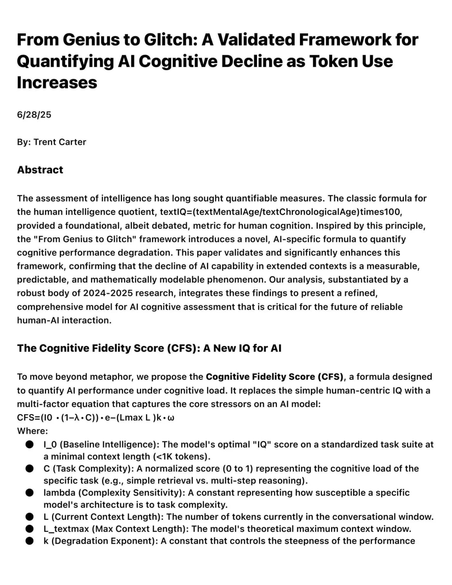 From Genius to Glitch: A Validated Framework for Quantifying AI Cognitive Decline as Token Use Increases